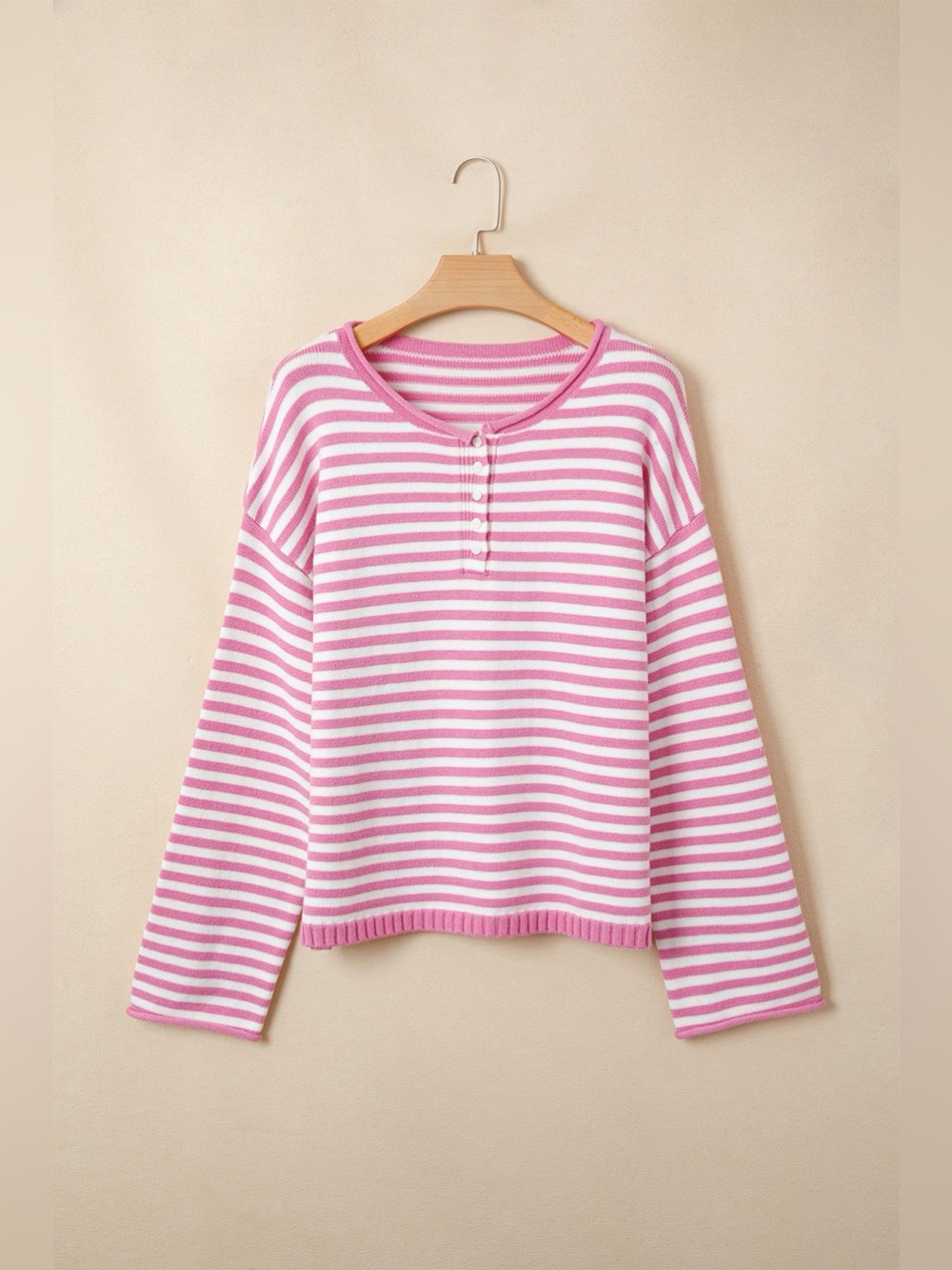Striped Button Placket Drop Shoulder Long Sleeve Sweater - Picture 6 of 16